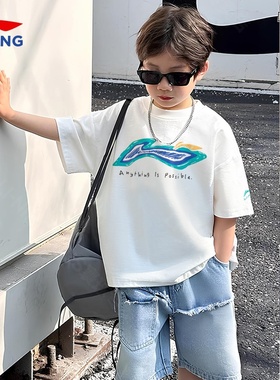李宁男童短袖t恤儿童26夏装新款男女大童青少年透气纯棉白色半袖