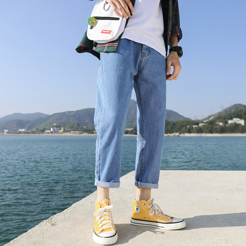 2021春夏季牛仔裤子男九分网红潮牌宽松坠感直筒百搭阔腿韩版潮流