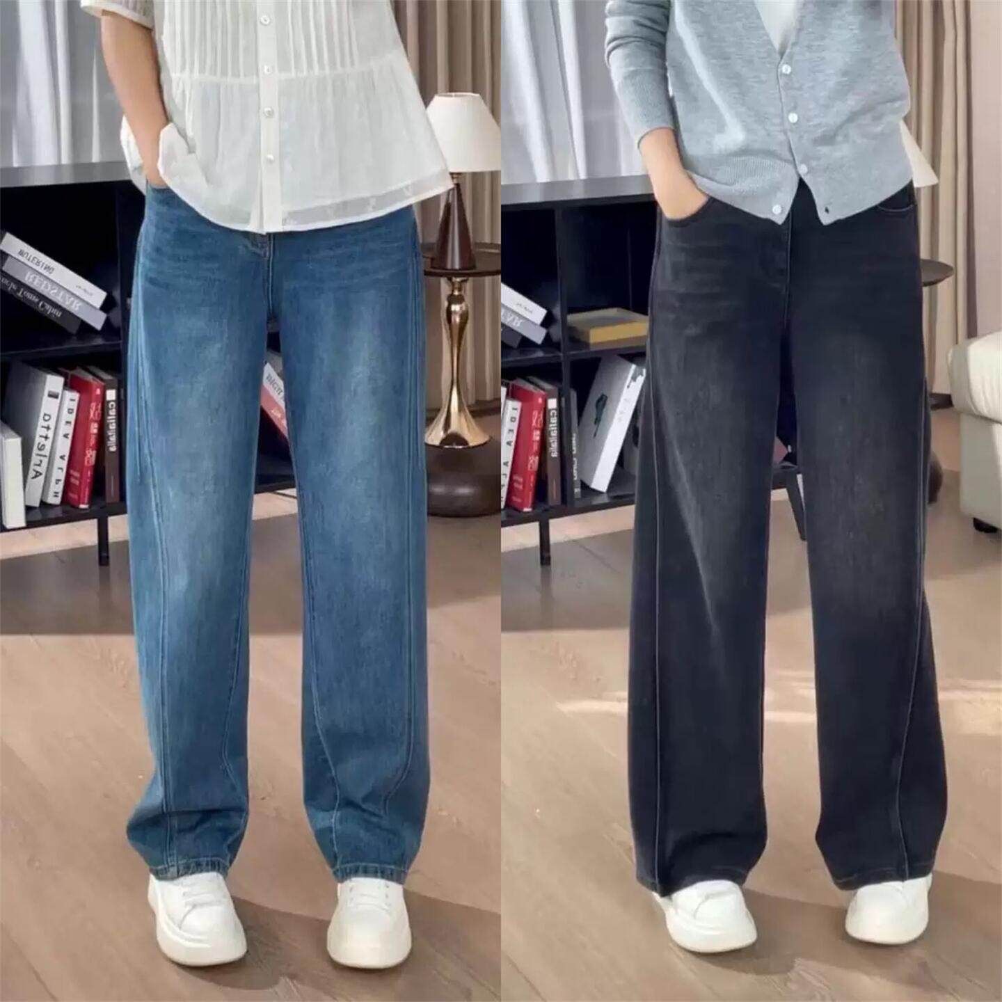 直筒牛仔裤女2025秋季新款高腰显瘦窄版阔腿裤大码梨形身材裤子