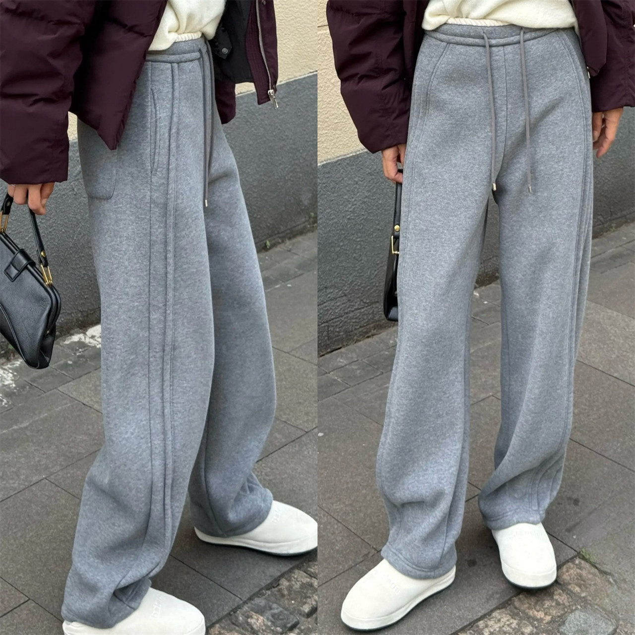 加绒加厚卫裤女2024冬季新款休闲运动裤高腰垂感抽绳弯刀香蕉裤女