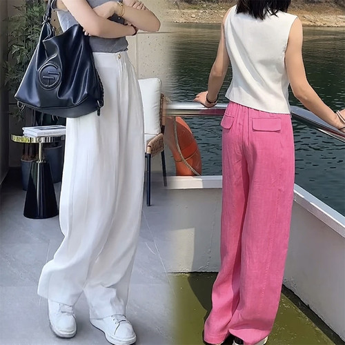夏季天丝亚麻高腰显瘦弯刀裤