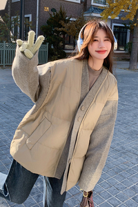 现货：冬装新款时尚设计款毛呢拼色羽绒服2C135-5011P275K418图片