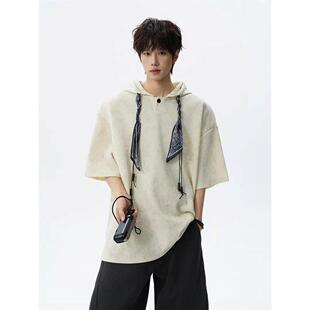 杏色复古扎染连帽宽松短袖T恤男夏季美式设计感丝巾飘带休闲帽衫