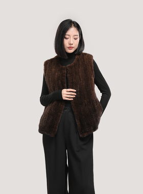 LEI 新款水貂马甲圆领编织貂背心秋冬加厚保暖时尚皮草坎肩休闲貂