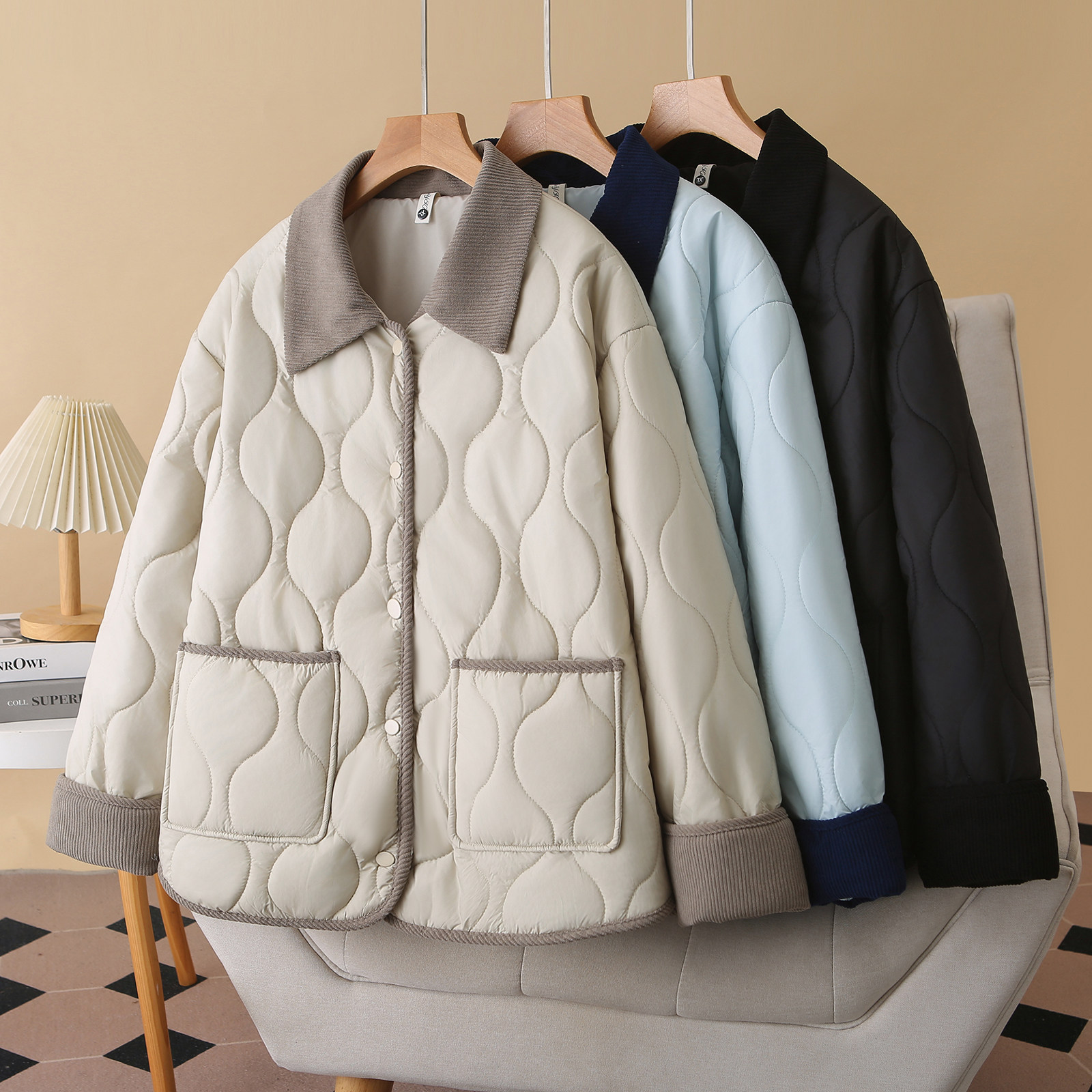 大码女装2026春季新款外套200斤胖MM时尚波浪纹加厚显瘦百搭棉衣