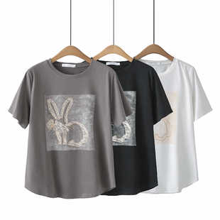 2024初夏新款大码女装上衣200斤胖MM百搭宽松圆领印花短袖T恤