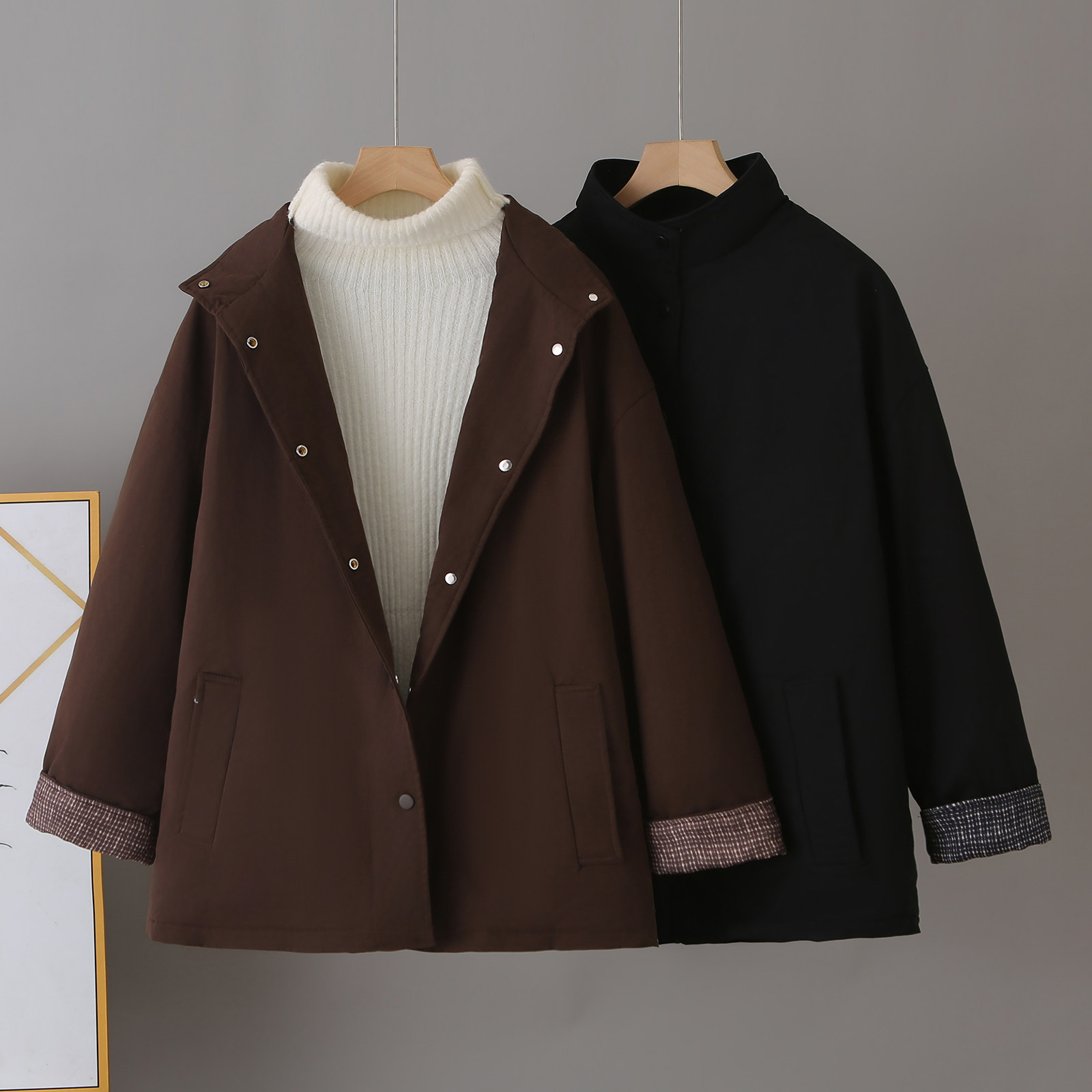 大码女装秋冬新款外套200斤胖MM纯色格子拼接复古加厚夹克棉衣