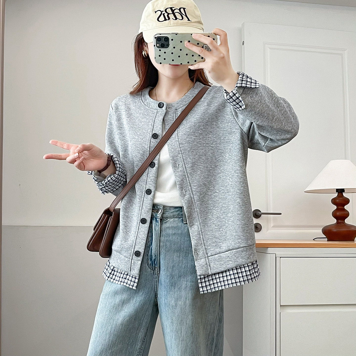 2025秋季新款胖MM大码女装韩系圆领气质宽松假两件格子拼接短外套