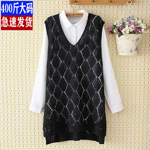 大码女装针织镂空马甲胖mm春装新款宽松套头V领百搭无袖马夹背心