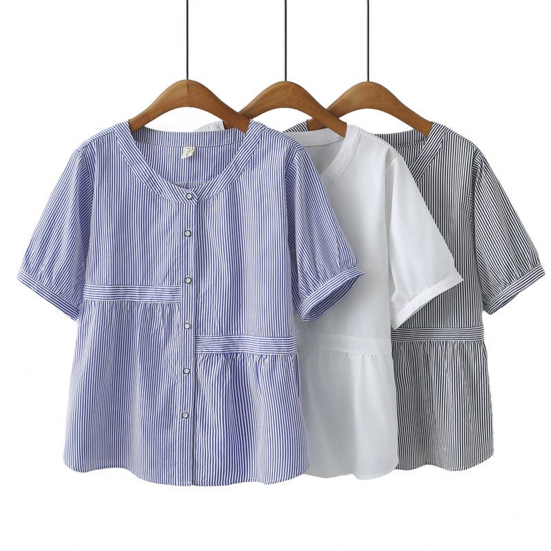 大码女装2025夏季新款胖mm宽松显瘦遮肉短袖T恤百搭条纹休闲上衣