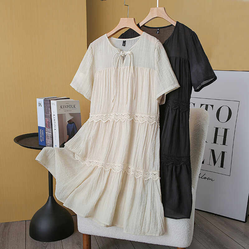 2024初夏新款大码女装中长裙200斤胖MM时尚拼接可爱甜美连衣裙