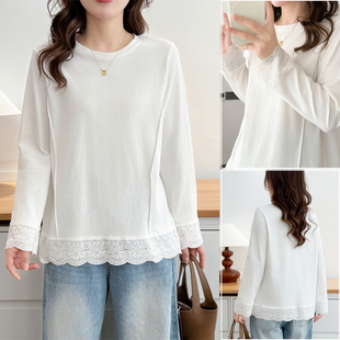 女装 T恤显瘦百搭大码 200斤胖MM上衣 蕾丝边白色长袖 2026初春新款