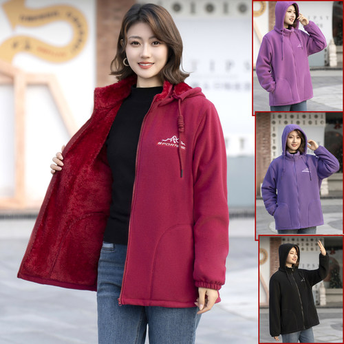 摇粒绒保暖卫衣大码女200斤北极绒加绒可脱帽冲锋衣内胆宽松外套