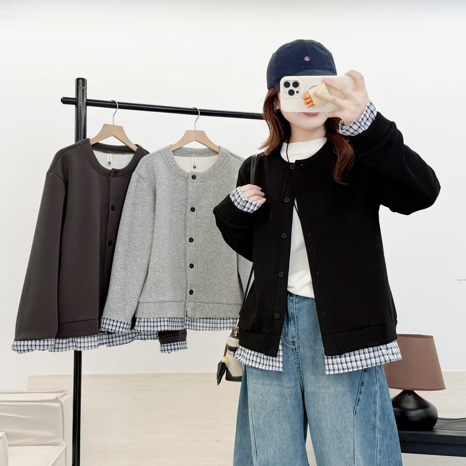 200斤胖MM大码女装拼接格子外套秋冬新款时尚加绒百搭洋气棒球服