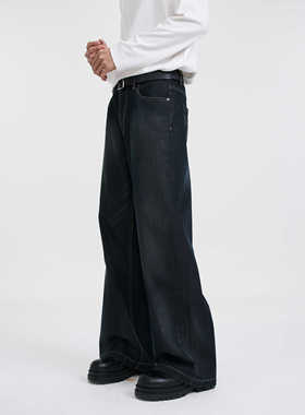 DIMC涂蜡硬挺立体牛仔裤 潮流耐磨直筒显瘦宽松深灰低腰男款长裤