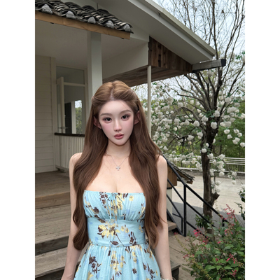 JOEY 馥香鸢尾花 特别漂亮掐腰长款小裙子女夏蓝色印花吊带连衣裙
