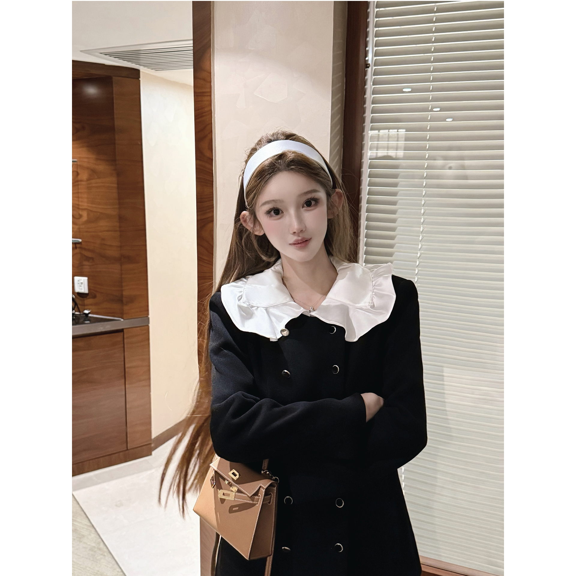 JOEY赫本/经典色 小资大衣优雅黑色双排扣加绒毛呢外套女