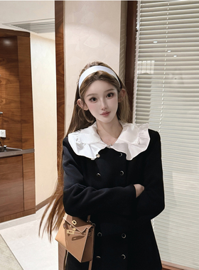 JOEY赫本/经典色 小资大衣优雅黑色双排扣加绒毛呢外套女