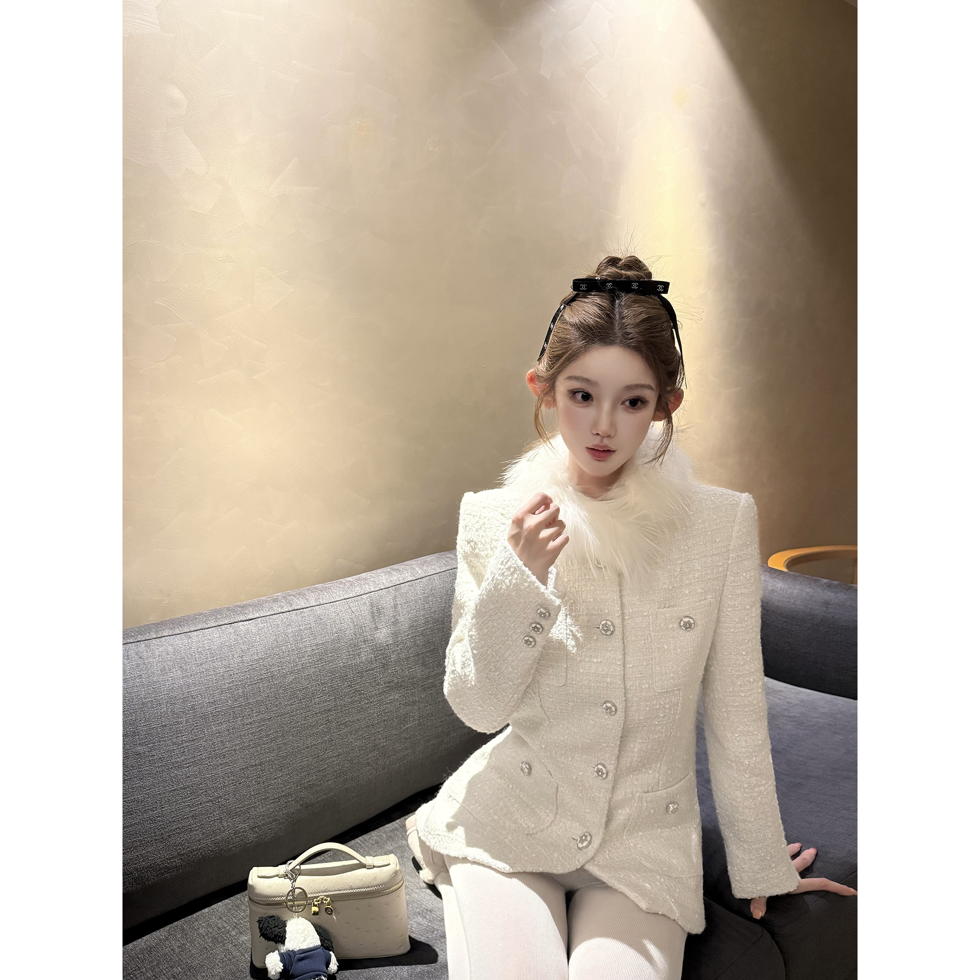 JOEY柔焦/推荐 短裤奶油白highline粗花呢高端小资小香风毛呢外套