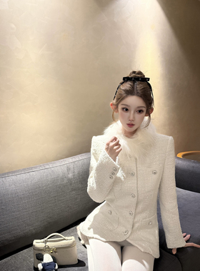 JOEY柔焦/推荐 短裤奶油白highline粗花呢高端小资小香风毛呢外套