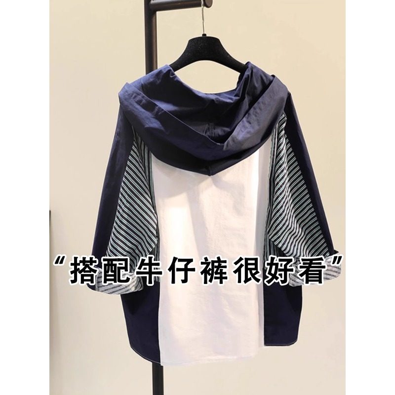 欧货时尚连帽衬衫女休闲百搭宽松大码短袖中袖衬衣配牛仔裤的上衣