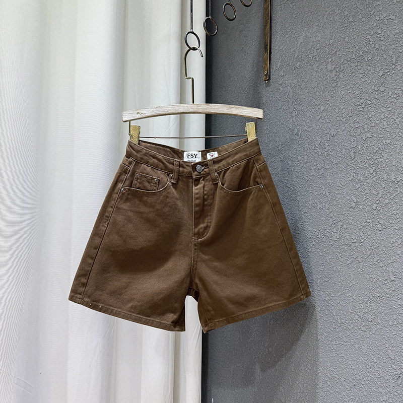 2025夏季新款宽松百搭咖啡色四分牛仔短裤女简约a字直筒阔腿热裤