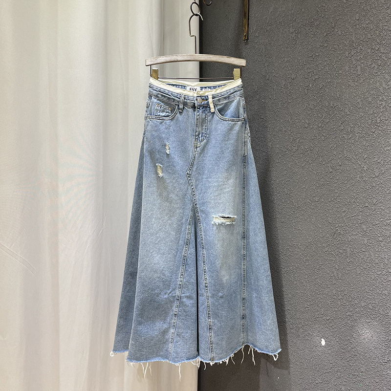 破洞牛仔半身裙女a字包臀鱼尾裙