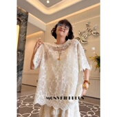 2128 上衣 魔女MoNvKiKi「情花」微胖大码 毛感复古提花蕾丝短袖