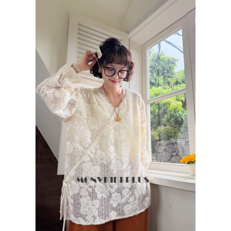 大码微胖钉珠蕾丝打底上衣T恤