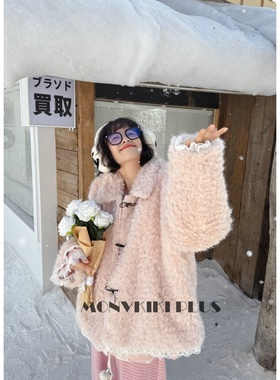 魔女MoNvKiKiPlus「云谣」大码微胖蕾丝夹棉加厚毛毛外套#B690