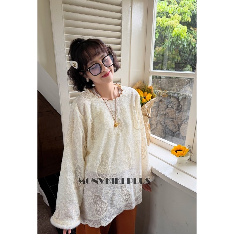 大码微胖蕾丝毛毛袖打底上衣