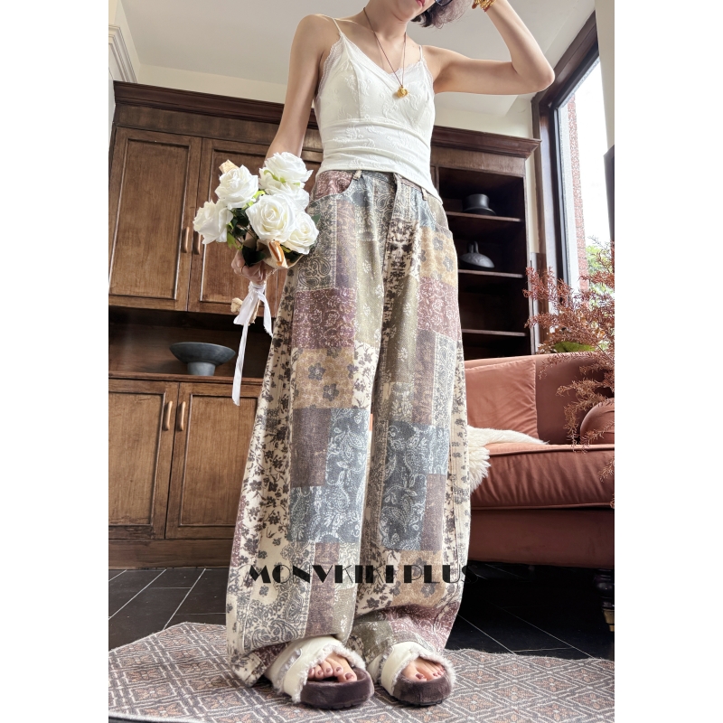 魔女MoNvKiKiPlus“约定“大码微胖印花宽松显瘦休闲阔腿裤#B202