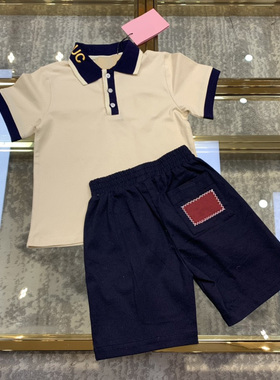 童装联名刺绣短袖T恤大中小男女童学院风气质套装织带字母裤