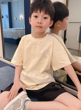 今今家简约风短袖T恤男女童圆领宽松米色淡蓝中大童夏季薄款上衣