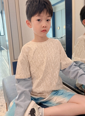 今今家假两件拼色男女童纯棉长袖圆领套头衫儿童休闲上衣宝宝童装