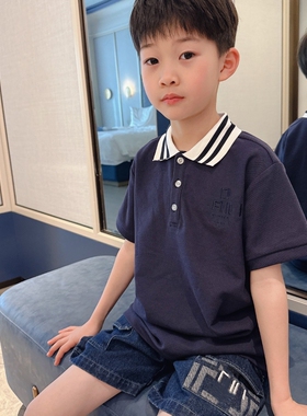 今今家小翻领刺绣短袖T恤男童学院风条纹拼接上衣小中大宝夏装