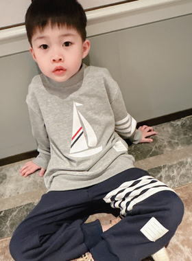 高定童装tb帆船卫衣四条纹纯棉卫裤四道杠春秋季男女童小中大童装