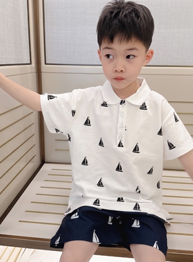 今今家儿童POLO衫男童短袖翻领帆船印花纯棉T恤夏季百搭上衣童装