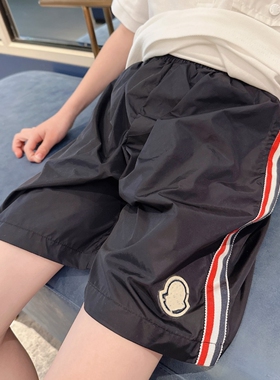 今今家黑色休闲短裤男女童速干运动裤侧边织带条纹五分沙滩裤潮童