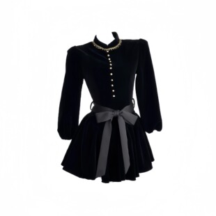 【伯拉德千金】 2025早秋新赫本风法式黑色丝绒长袖蝴蝶结连衣裙