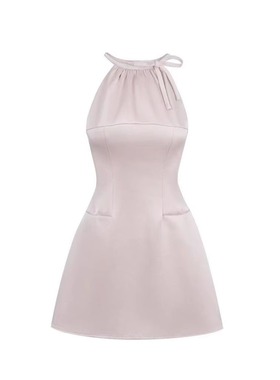 法式高级粉色缎面光泽感挂脖连衣裙女夏季蝴蝶结收腰A字无袖短裙