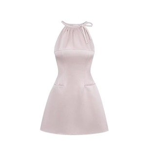短裙 蝴蝶结收腰A字无袖 法式 高级粉色缎面光泽感挂脖连衣裙女夏季
