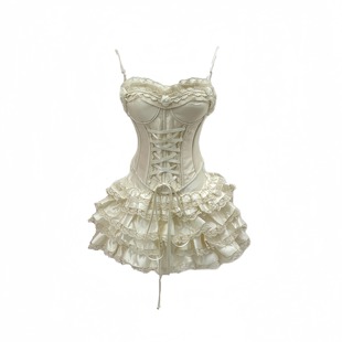 LIULIUGE自制法式 甜美蕾丝纯欲重工荷叶边香槟色蕾丝蛋糕裙半身裙