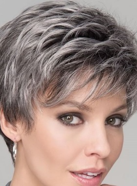Grey Short Hair Wig for Wome欧美奶奶灰黑灰色化纤假发女士短发