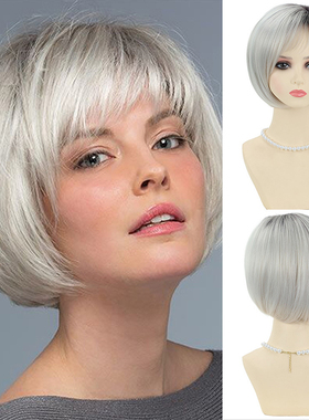 欧美跨境灰白色短直发头套刘海波波头化纤假发头套grey hair Wigs