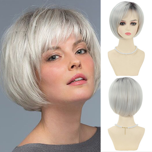 欧美跨境灰白色短直发头套刘海波波头化纤假发头套grey hair Wigs