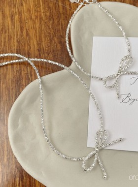 周的的 925纯银蝴蝶结碎银子甜美设计感项链韩版锁骨链短颈链饰品