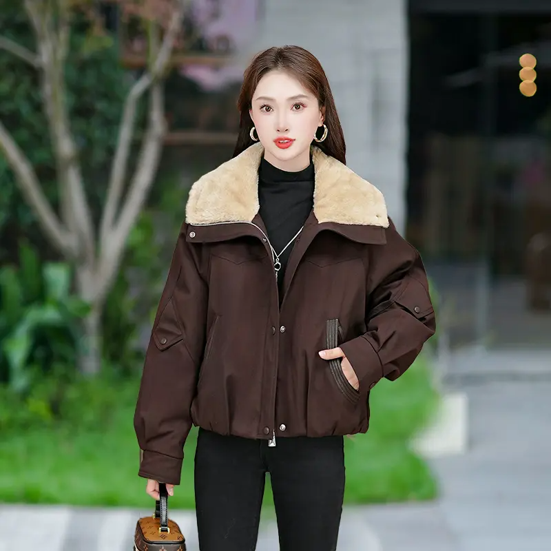 复古羊羔毛翻领短款羽绒服女冬季保暖宽松棕色外套,女装/女士精品,羽绒服,淘宝优惠券,粉丝福利购,淘宝优惠卷