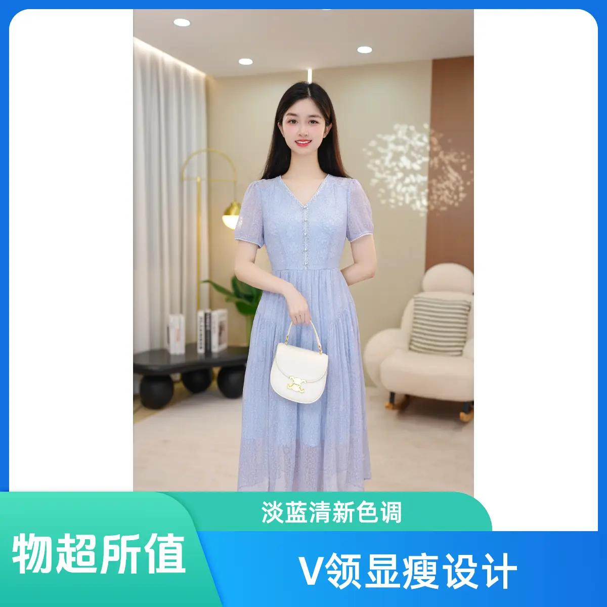 夏季V领短袖收腰显瘦连衣裙