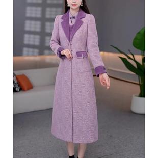 轻奢高级感紫色粗花呢长款大衣+连衣裙女收腰显瘦气质两件套